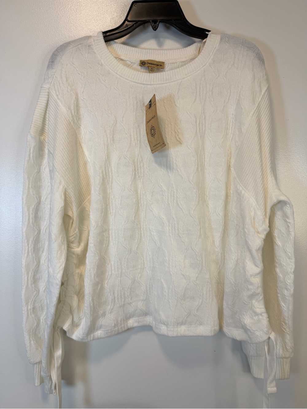 Democracy‎ Ivory Cable Knit Scoop Neck Sweater Ruched Sides Women’s XL